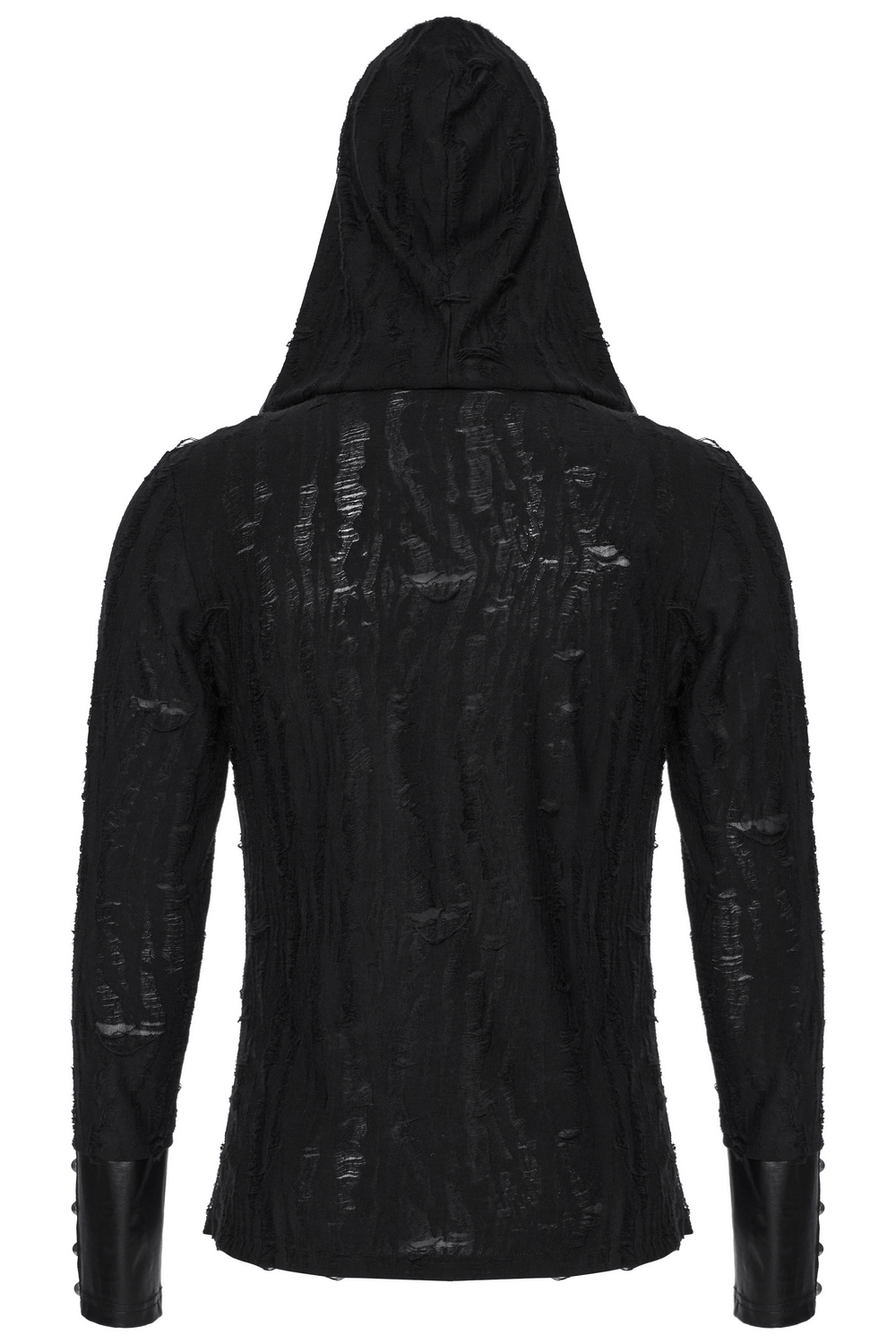 Men's dark gothic hooded top with lace-up design and rivet details, showcasing a stylish back view.