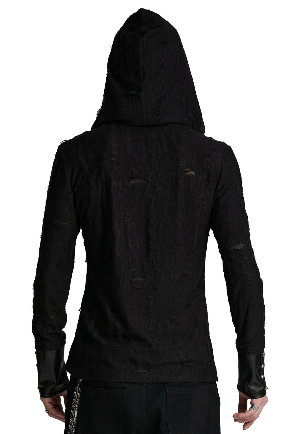 Men's dark gothic hooded top showcasing the unique distressed texture and hood design from the back view.