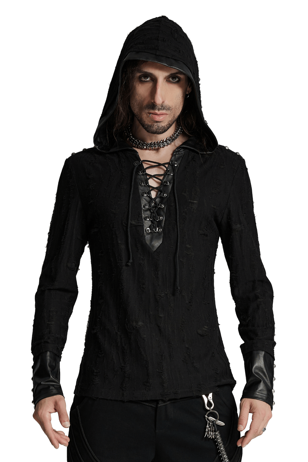 Men's dark gothic hoodie with lace-up design, rivet details, and long sleeves for an edgy punk style.