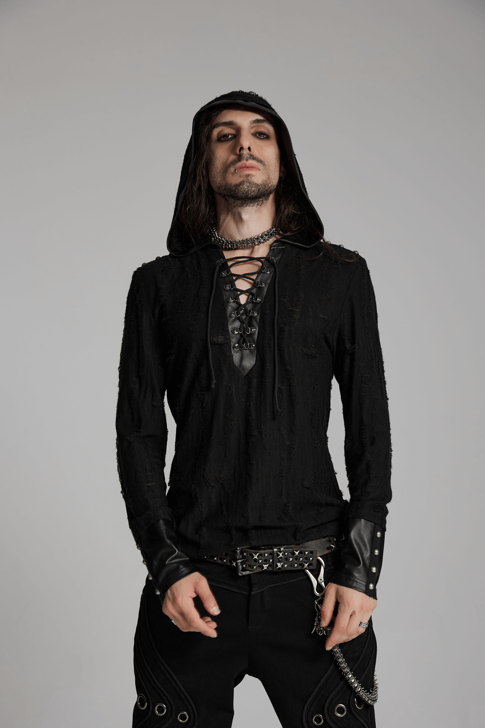 Men's dark gothic hooded top with lace-up design and rivet details, exuding edgy punk style.