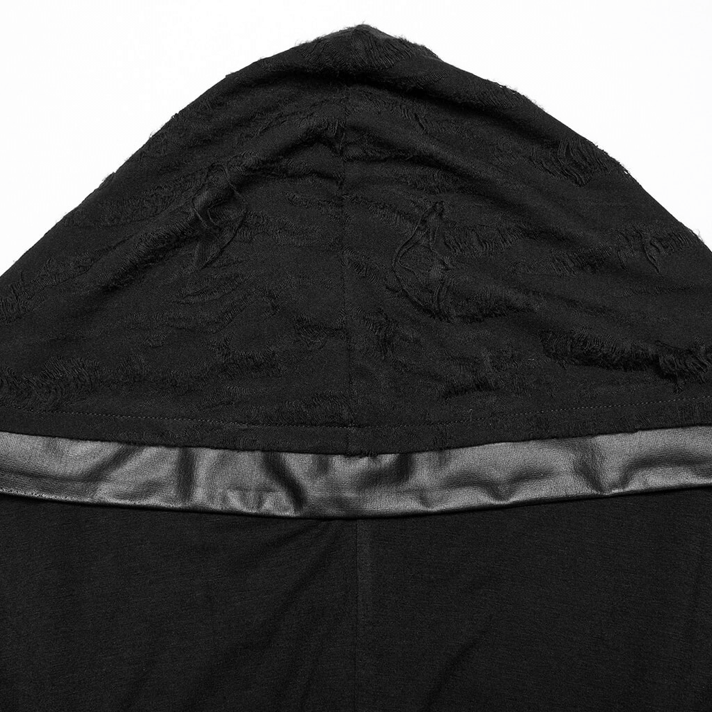 Close-up of the hood of a men's dark gothic hoodie featuring soft, textured fabric and a sleek lining.