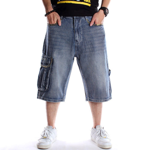 Men's Denim Shorts / Alternative Fashion Baggy / Streetwear Blue Cargo Capri with Pocket