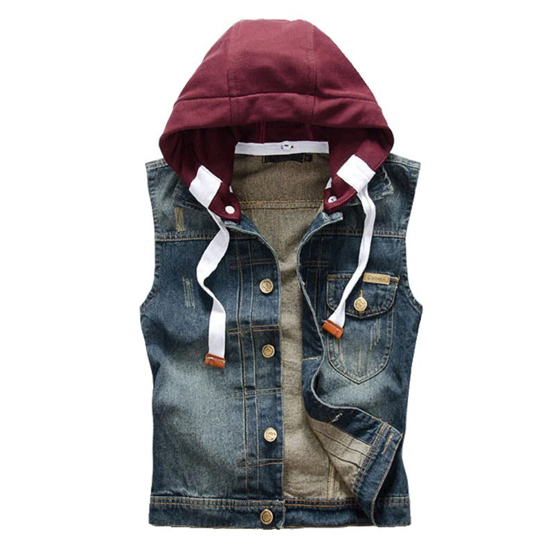 Men's detachable hooded denim vest / Male slim vintage dark blue Tank top Hoodies - HARD'N'HEAVY
