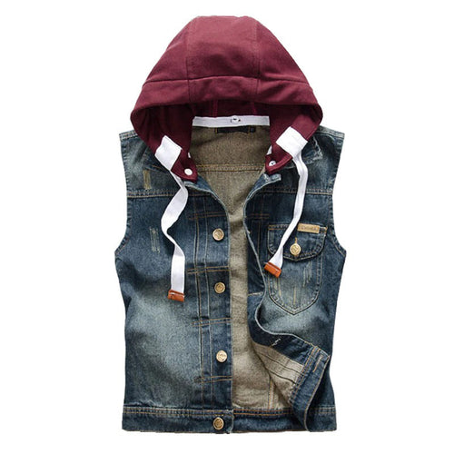 Chaleco vaquero con capucha desmontable para hombre/Sudaderas con capucha sin mangas azul oscuro vintage delgadas para hombre