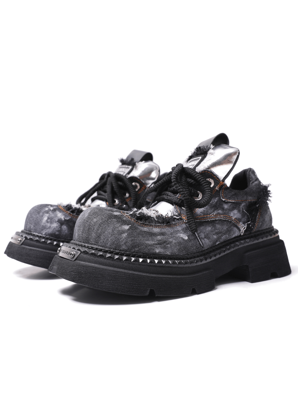 Men's Distressed Denim Platform Shoes with Chunky Lug Soles, grunge lace-up style with frayed trim and studs