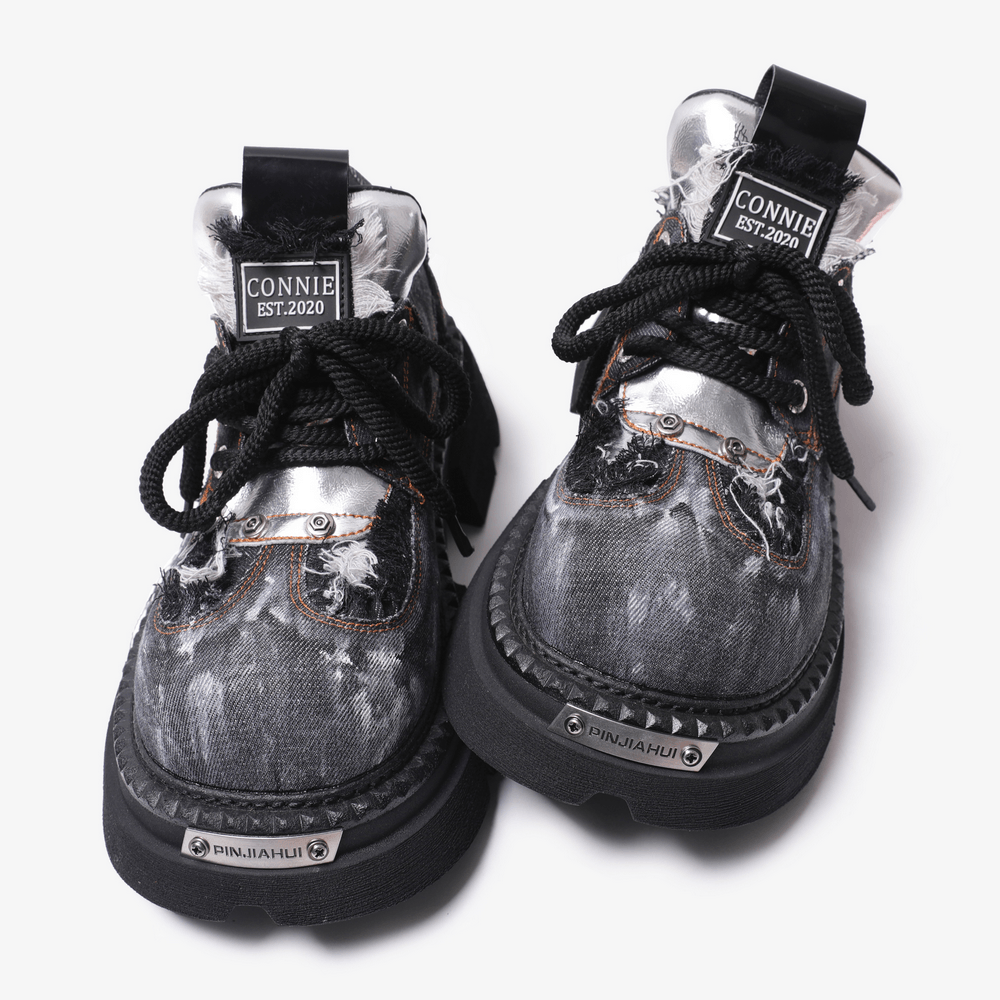 Men's Distressed Denim Platform Shoes with Chunky Lug Soles, grunge lace-up boots with frayed trim and studs