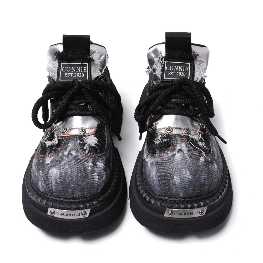 Men's Distressed Denim Platform Shoes with Chunky Lug Soles in gray, grunge lace-up style with frayed trim, studs, and silver tongues