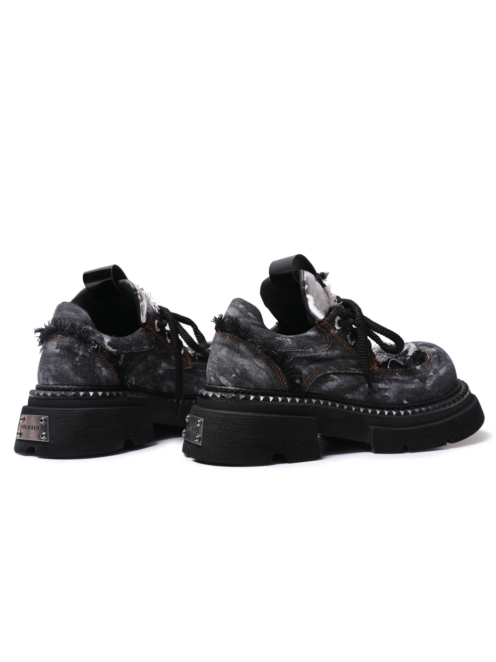 Men's Distressed Denim Platform Shoes with Chunky Lug Soles, grunge lace-up sneakers with studs and frayed trim