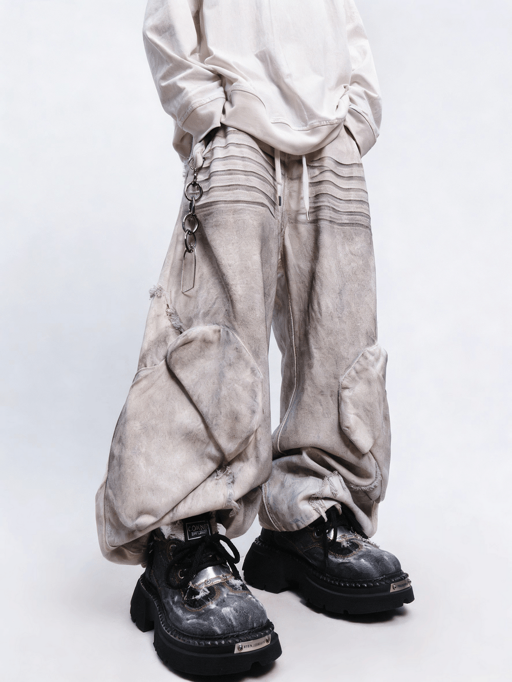 Men's Distressed Denim Platform Shoes with Chunky Lug Soles, grunge lace-up style with frayed trim and studs