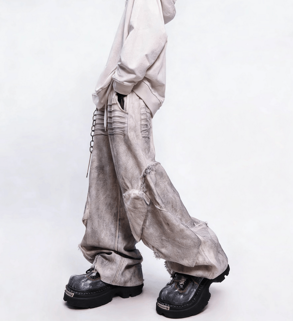 Men's Distressed Denim Platform Shoes with Chunky Lug Soles on grunge pants model, rugged low-cut lace-up style