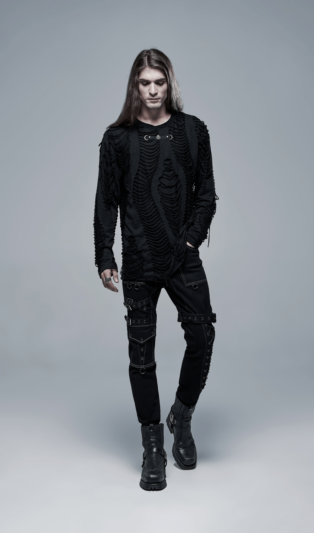 Men's gothic long-sleeve ripped sweatshirt and pants, showcasing distressed urban style with intricate detailing and relaxed fit.