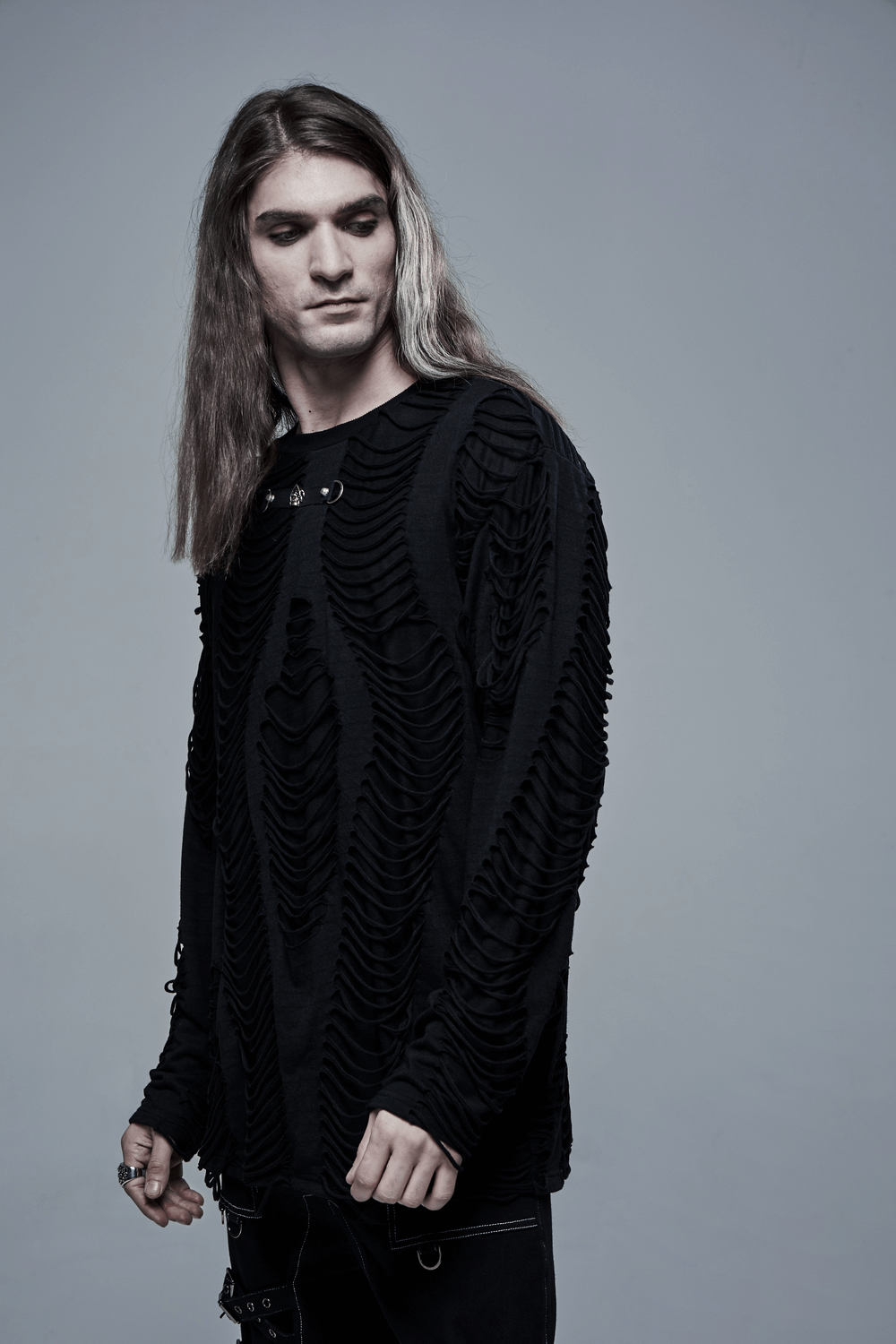 Men's gothic long-sleeved sweatshirt with distressed ripped detailing, perfect for urban style.