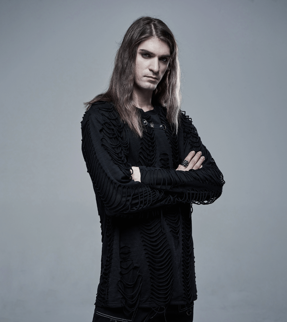 Men's distressed gothic sweatshirt with ripped details and layered tassels, showcasing an urban shadow style.