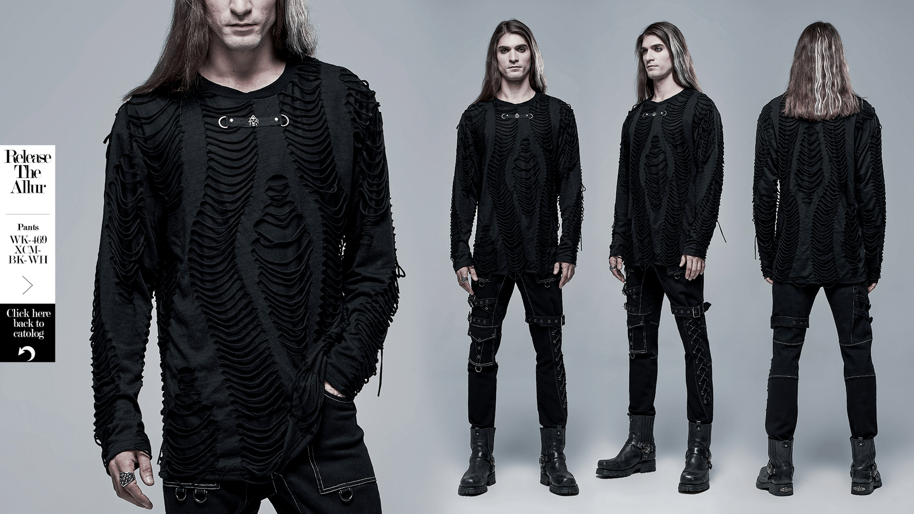 Men's gothic long-sleeve sweatshirt with distressed detail and layered design, showcasing a unique urban aesthetic.