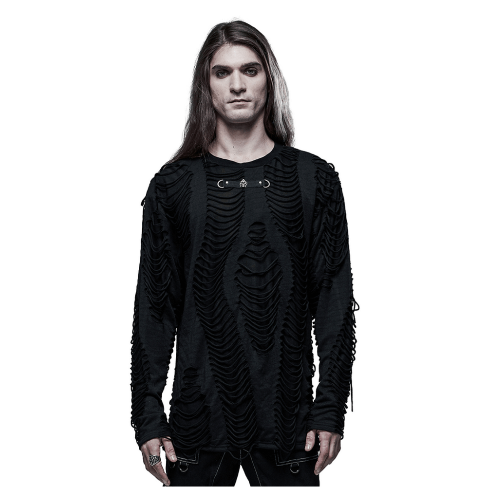 Men's gothic long-sleeve sweatshirt featuring distressed ripped details and unique neckline for urban style.