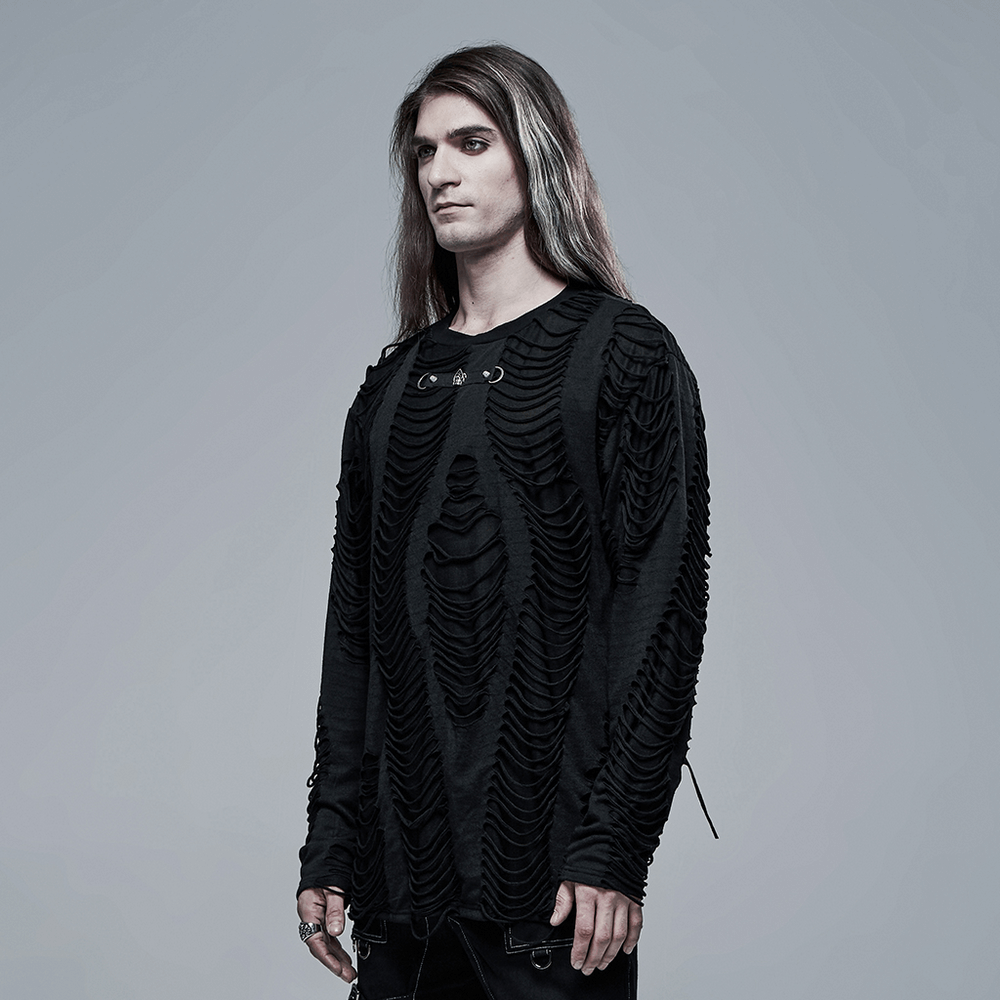 Men's gothic long-sleeve sweatshirt with ripped detail, perfect for urban shadow style.