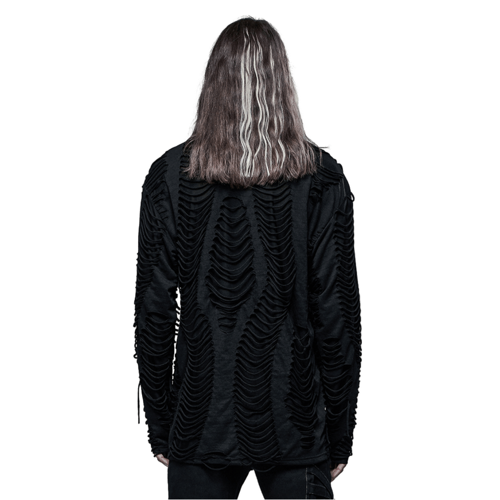 Rear view of a men's distressed gothic long sleeves sweatshirt featuring intricate ripped details and a relaxed fit.