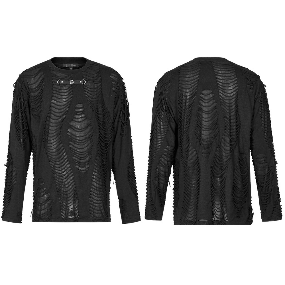 Men's distressed gothic long-sleeve sweatshirt featuring intricate ripped details and ghostly neckline decoration.