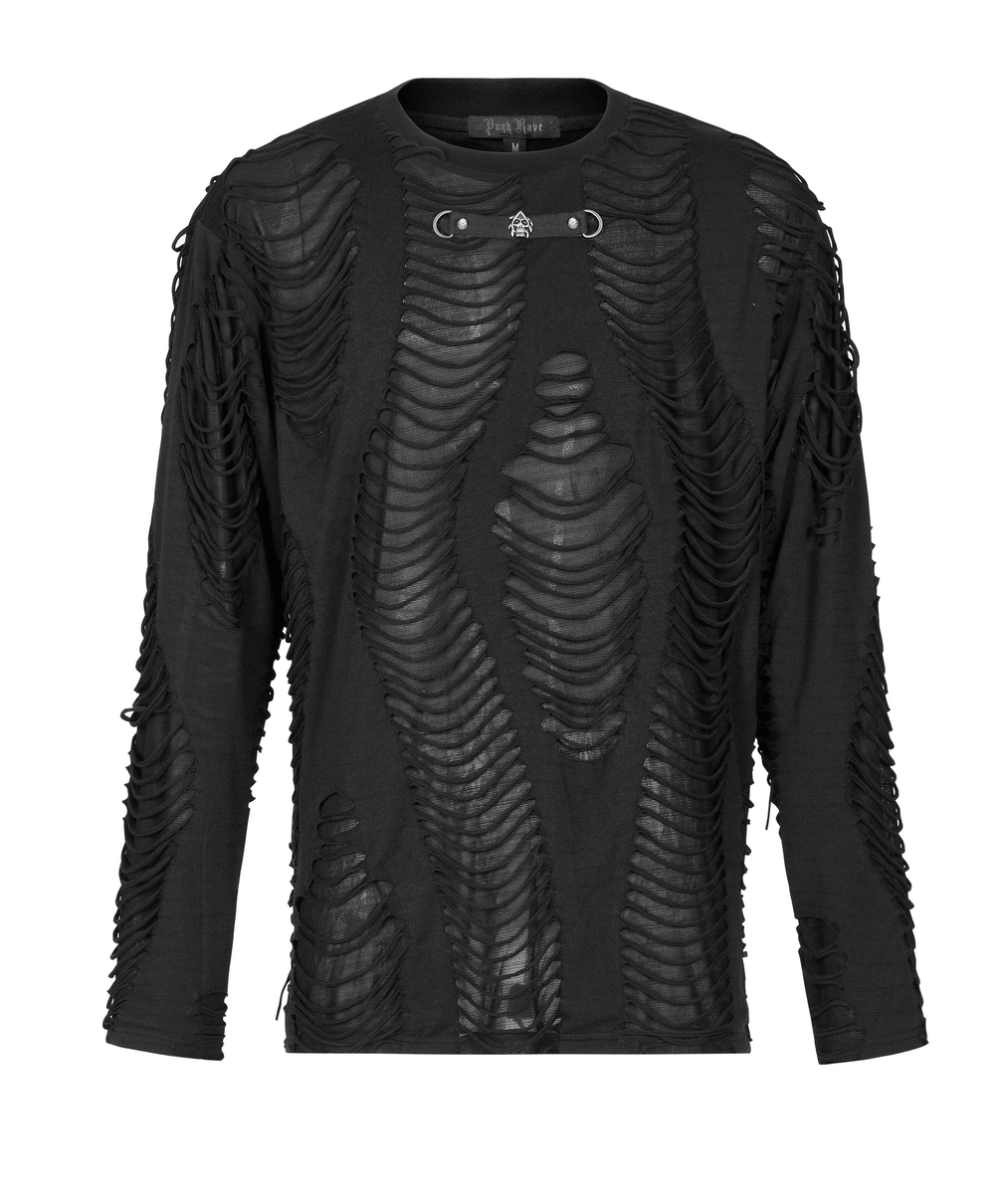 Men's Gothic Distressed Long Sleeve Sweatshirt with Ripped Details and Ghostly Neckline Decoration.