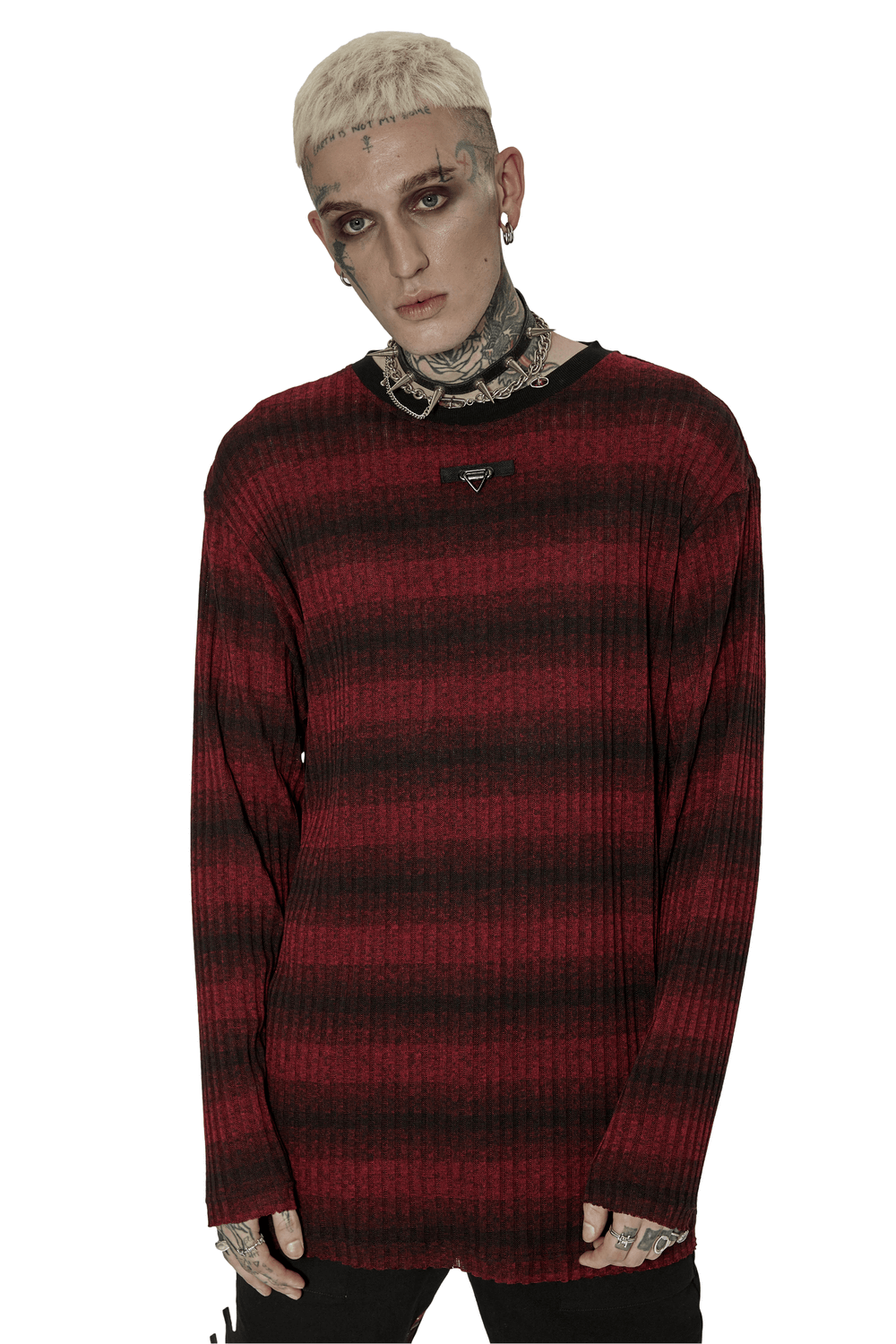Men's edgy striped knit sweater in red and black, featuring a metal detail for a punk chic look.