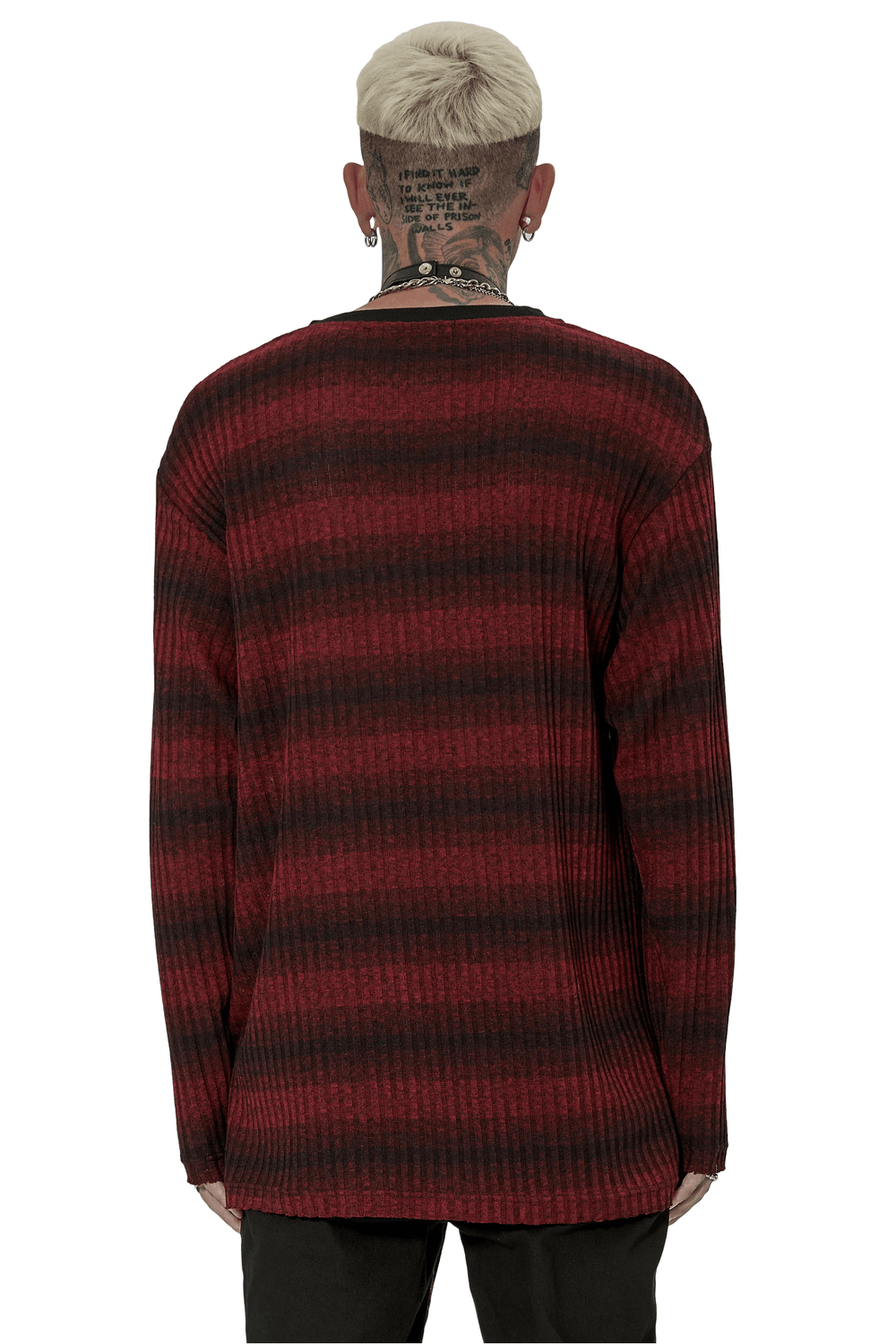 Back view of men's edgy striped knit sweater in red and black, showcasing relaxed fit and soft fabric.