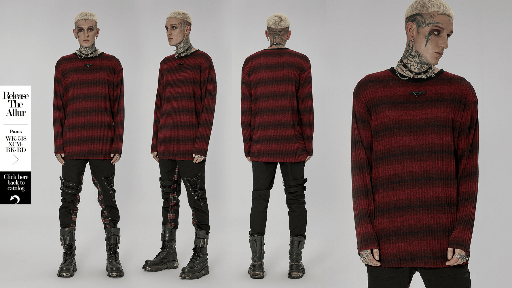 Men's edgy striped knit sweater in red and black with metal detail, perfect for punk chic style and urban rebels.