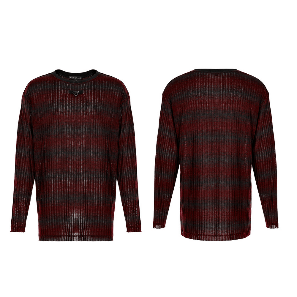 Men's striped knit sweater with metal detail, featuring a chic punk style and relaxed silhouette in red and black.