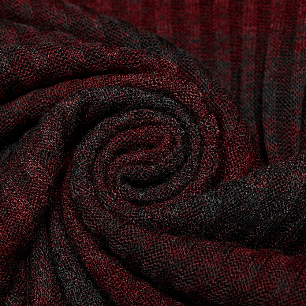 Close-up of a soft, knitted fabric in red and black, ideal for a men's edgy striped knit sweater.