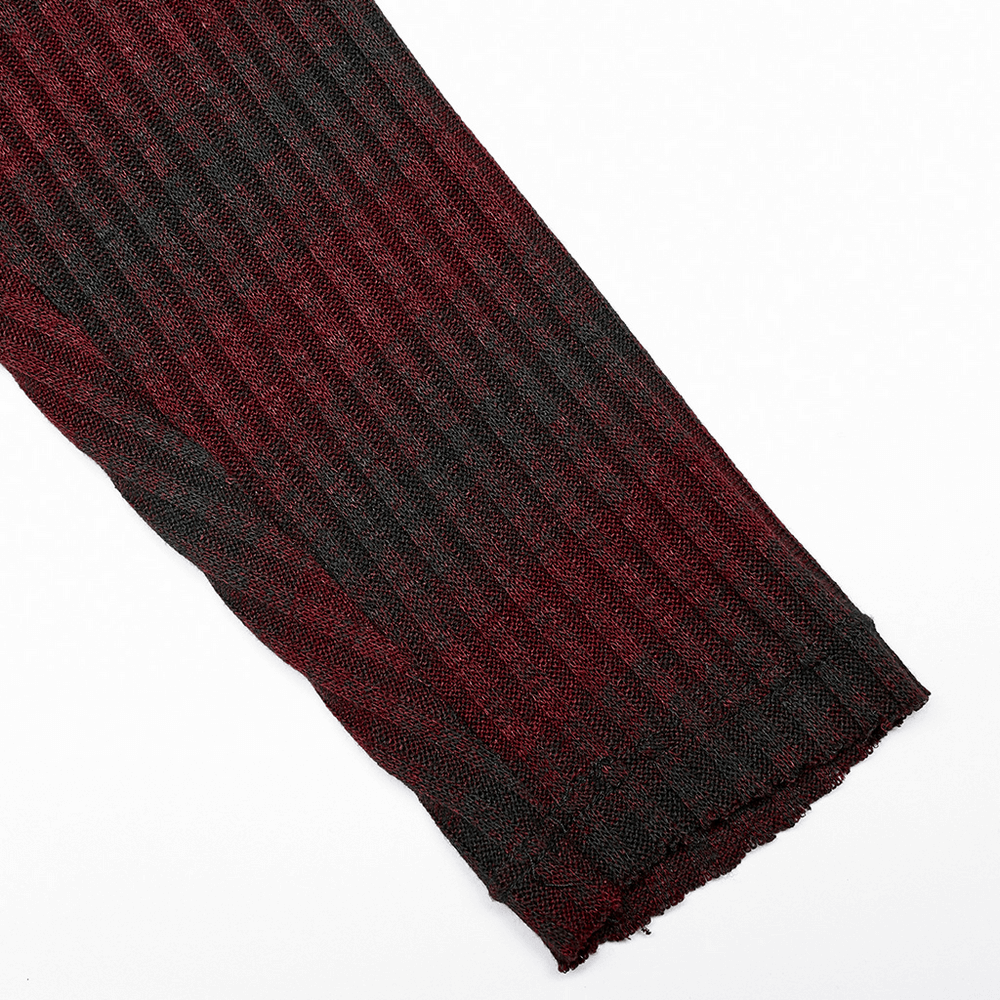 Detail shot of a men's edgy striped knit sweater sleeve in burgundy and black, featuring ribbed texture for a punk-chic look.