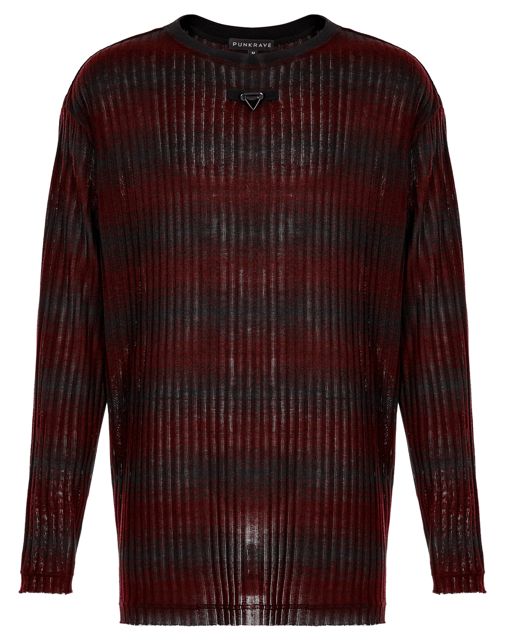 Men's edgy striped knit sweater in burgundy and black with metal detail for a punk chic look.