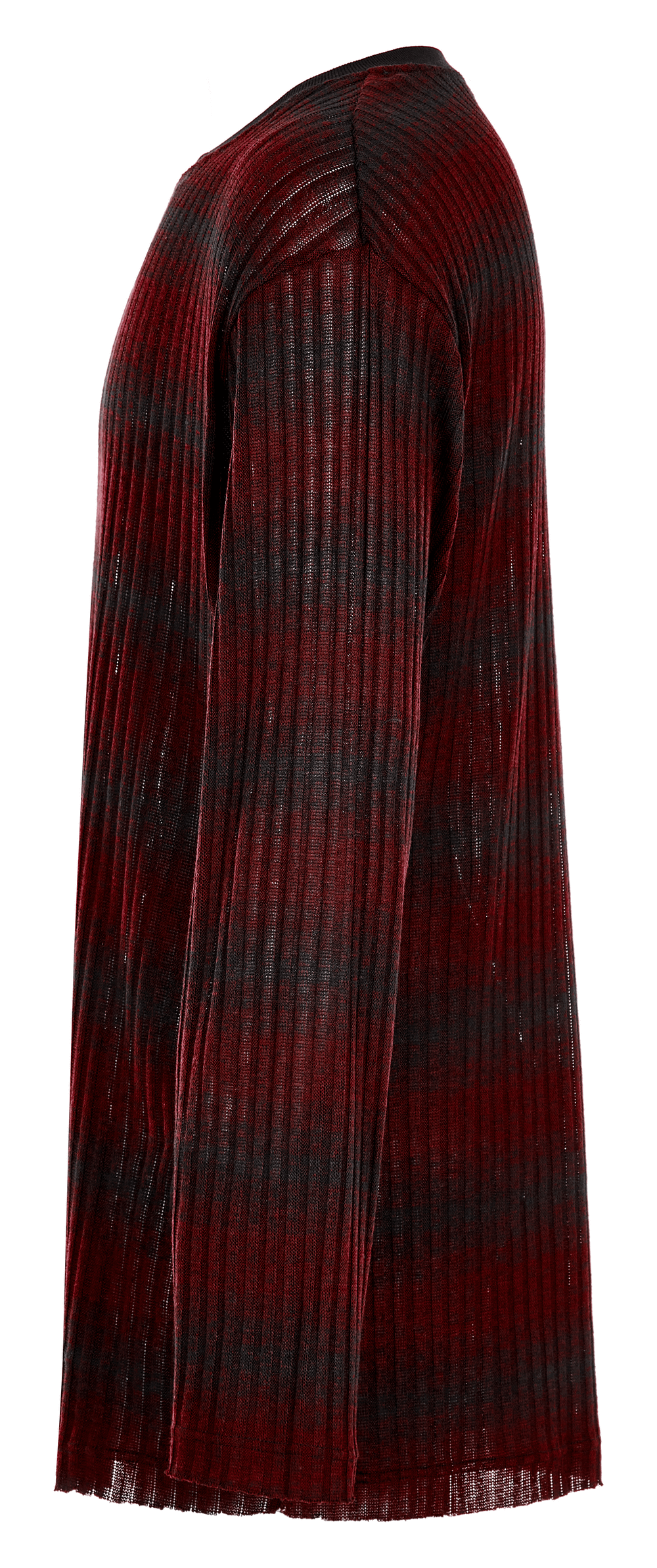 Men's edgy striped knit sweater in deep red and black with a relaxed fit and side view appearance.
