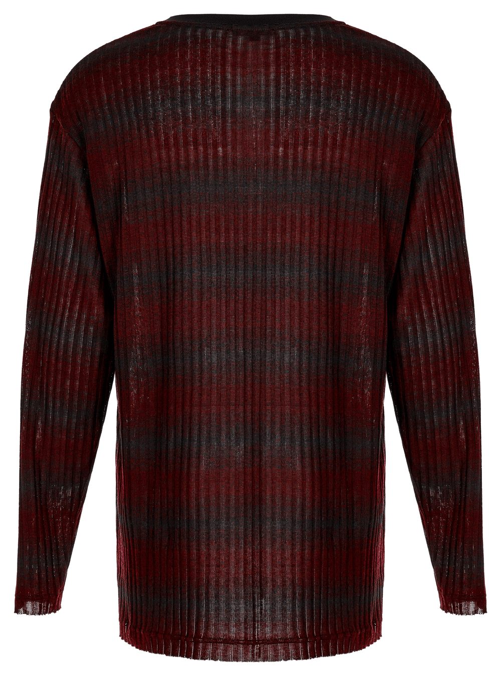 Men's edgy striped knit sweater with metal detail in burgundy and black, showcasing a relaxed fit and ribbed texture.