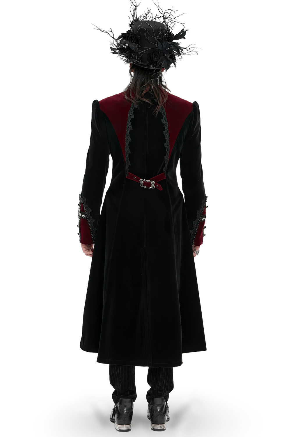 남성용 우아한 블랙 버건디 고딕 벨벳 테일코트
