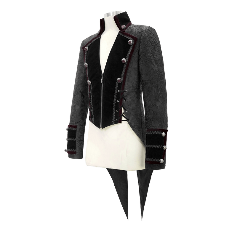Men's elegant gothic jacket with back lacing, vintage brocade design, stylish black and silver accents.