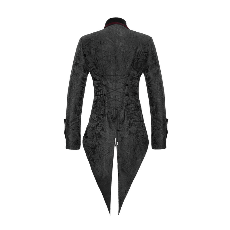 Back view of men's elegant black gothic jacket with lacing, showcasing vintage design and stylish details.