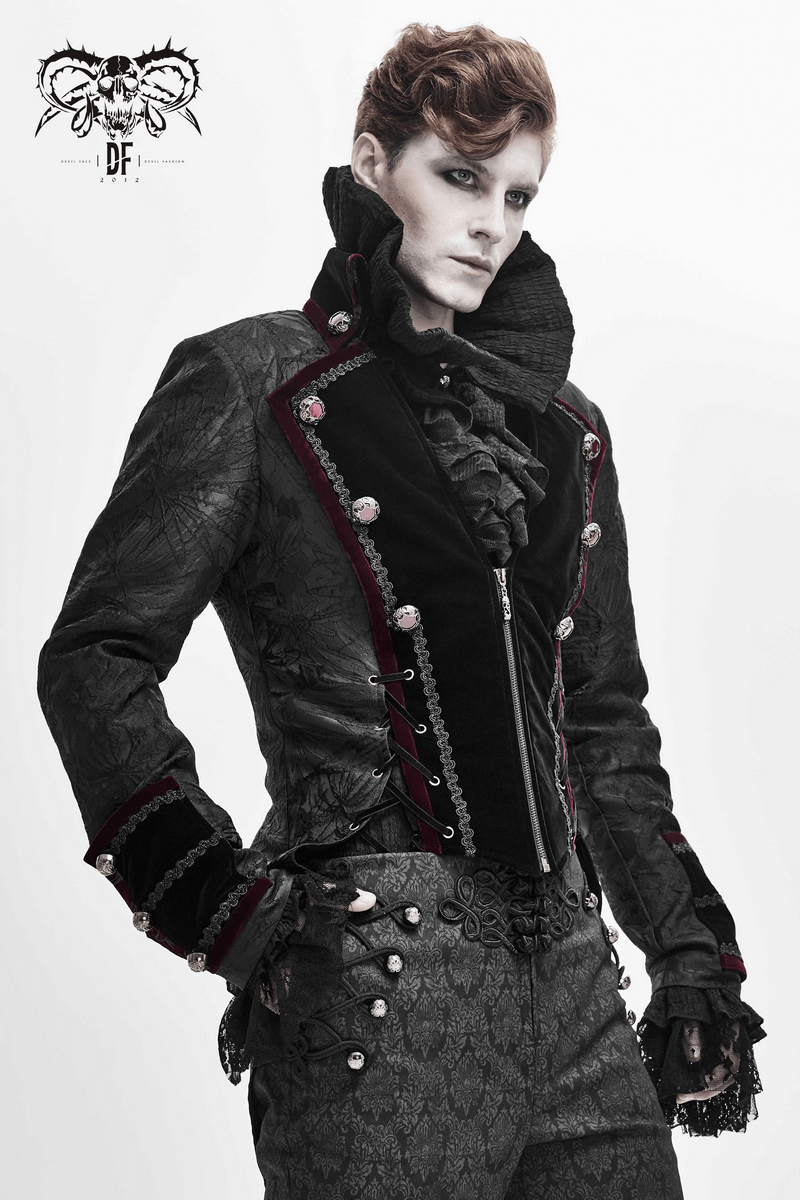 Men's gothic black jacket with lacing, vintage design and elegant details, perfect for stylish wardrobes.