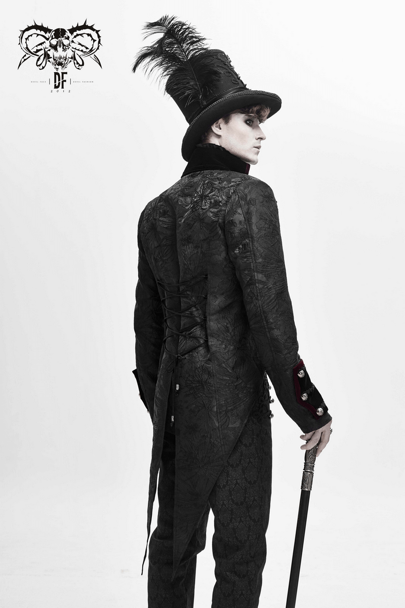 Men's gothic black jacket with stylish back lacing and top hat, perfect for vintage fashion lovers.