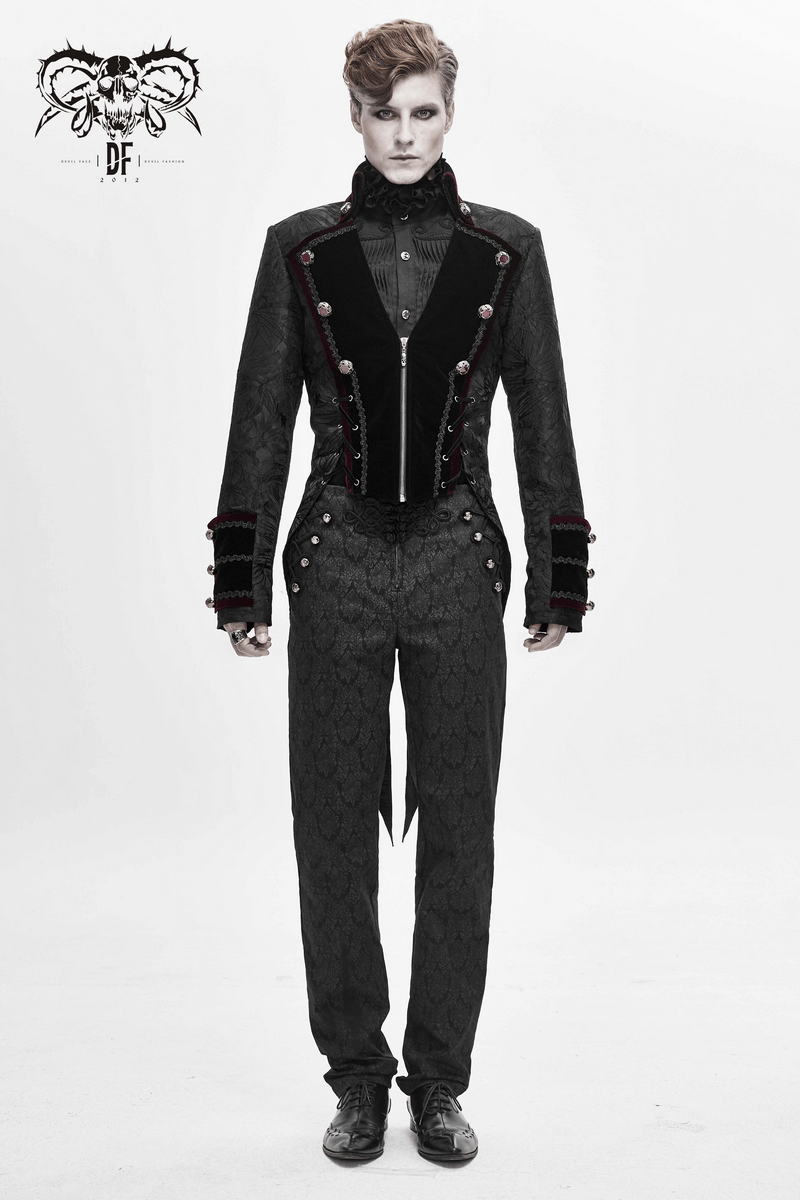 Men's black gothic jacket with lacing, elegant vintage design, perfect for a stylish wardrobe upgrade.