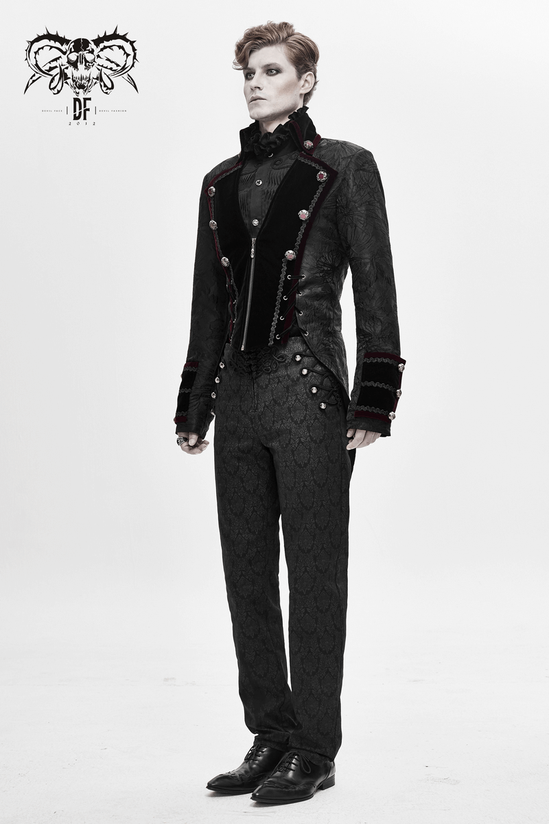 Men's elegant gothic jacket with brocade and unique lacing, showcasing vintage style and bold design.