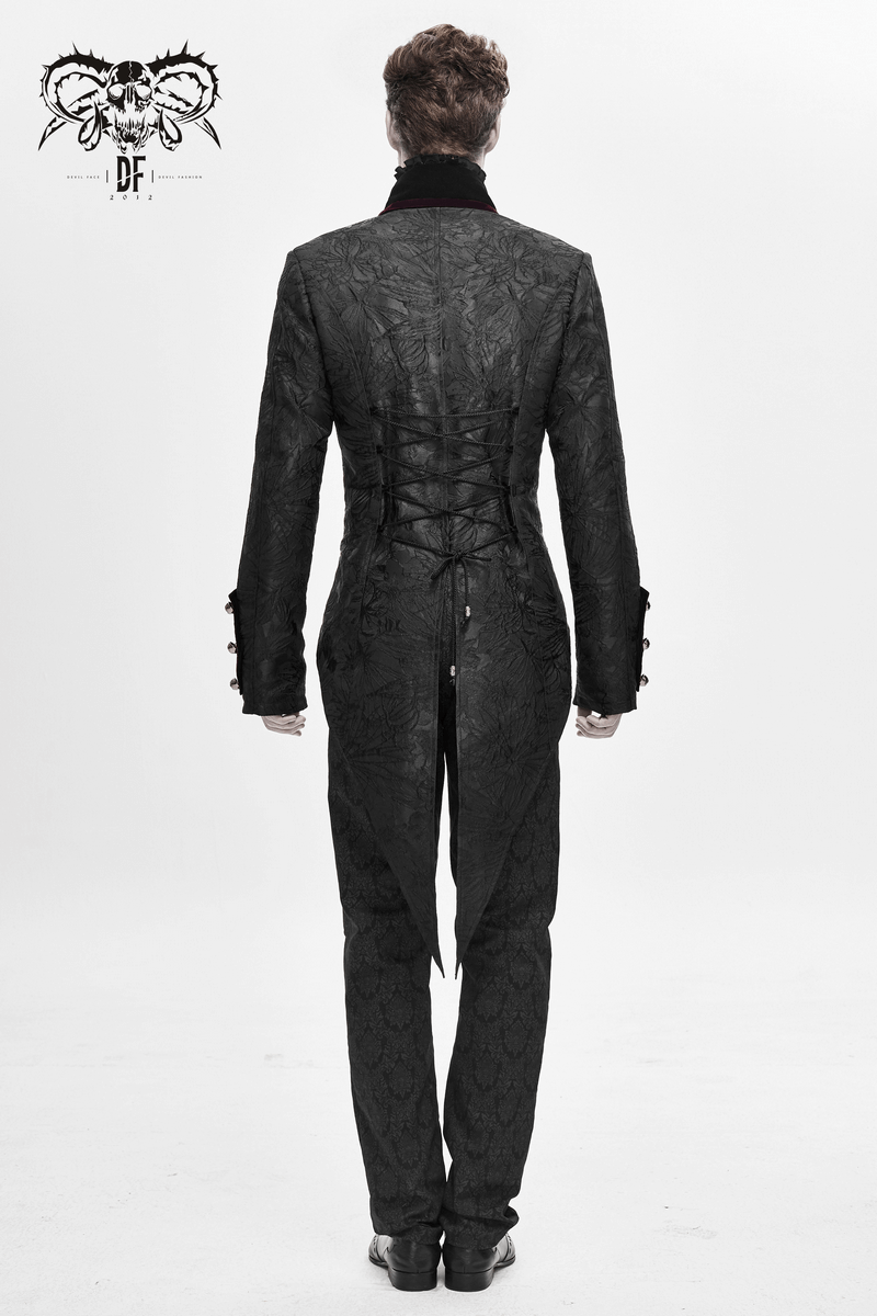 Back view of a men's gothic black jacket with elegant lacing, showcasing vintage style and unique design details.