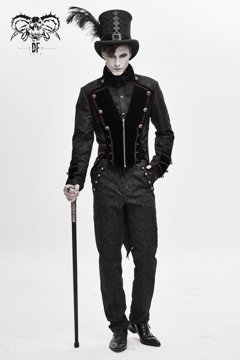 Men's gothic fashion model in a vintage black jacket and top hat, showcasing a unique and elegant look.