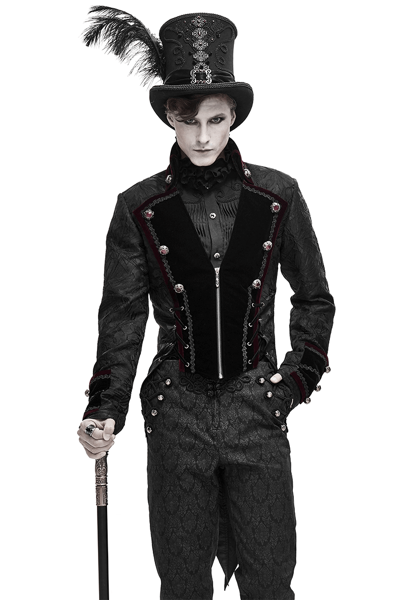 Men's gothic style jacket with lacing, vintage design, featuring elegant detailing and a top hat for a dramatic look.