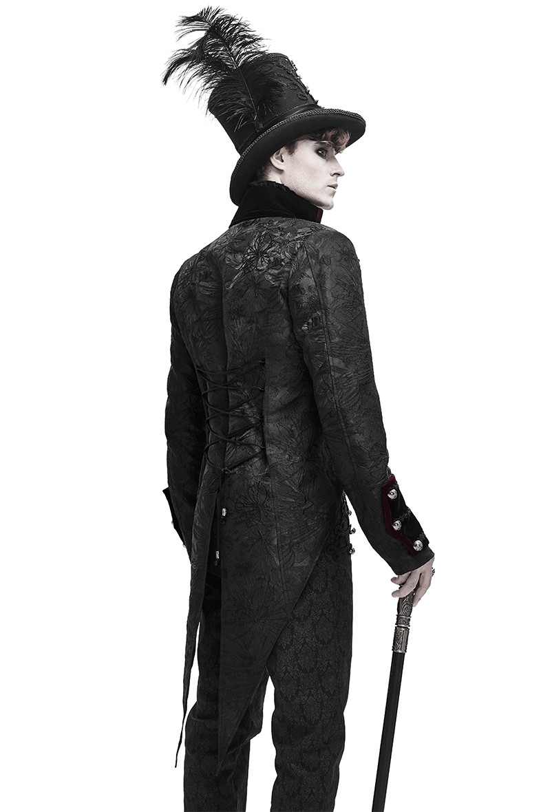 Men's gothic jacket with lacing on the back, styled with a top hat and cane, perfect for vintage fashion lovers.