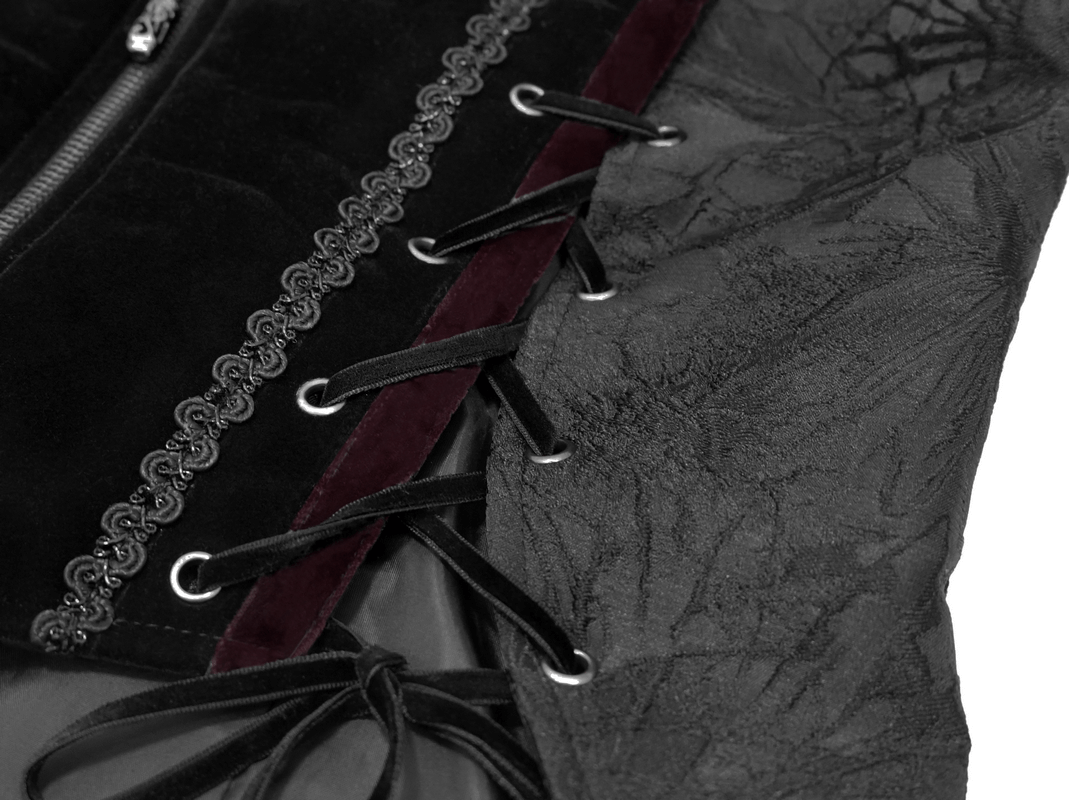 Close-up of men's gothic jacket featuring detailed lacing and elegant brocade finish for vintage style.