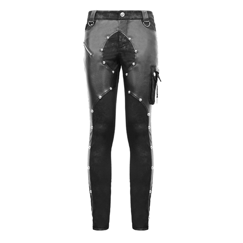Men's black faux leather zipper trousers with asymmetric rivets and pockets in punk style.