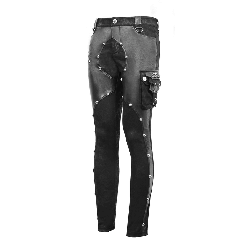 Men's black faux leather zipper trousers with pockets and rivets, showcasing a stylish punk design.