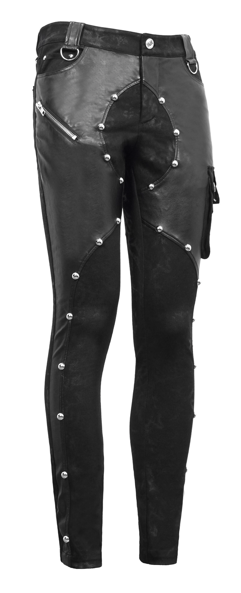 Men's black faux leather zipper trousers with asymmetric rivets, showcasing a punk style design.