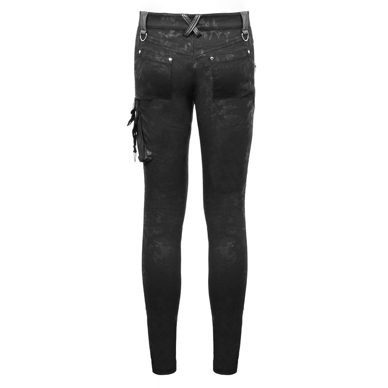 Men's black faux leather trousers with pockets and punk rivet detailing, stylish back view.