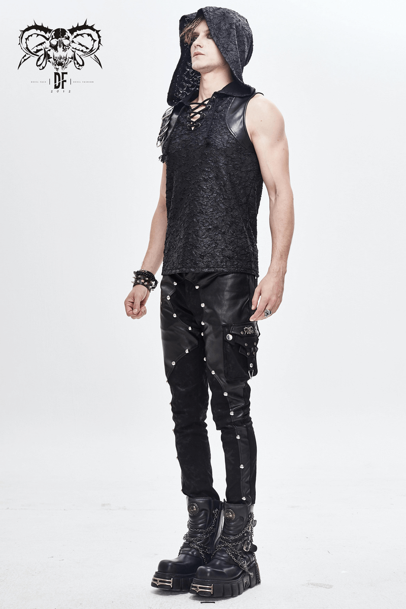 Model showcasing men's punk style black faux leather zipper trousers with pockets and rivets.