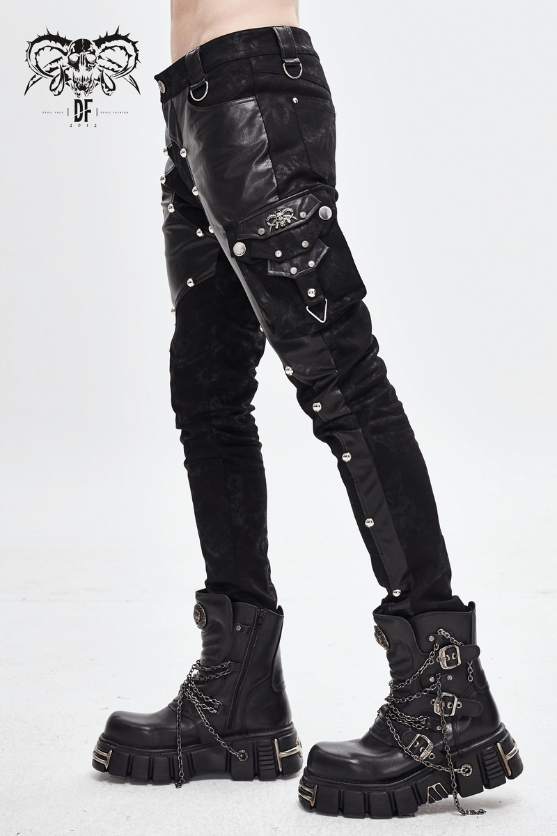 Men's black faux leather zipper trousers with rivets and pockets in punk style, paired with chunky black boots.